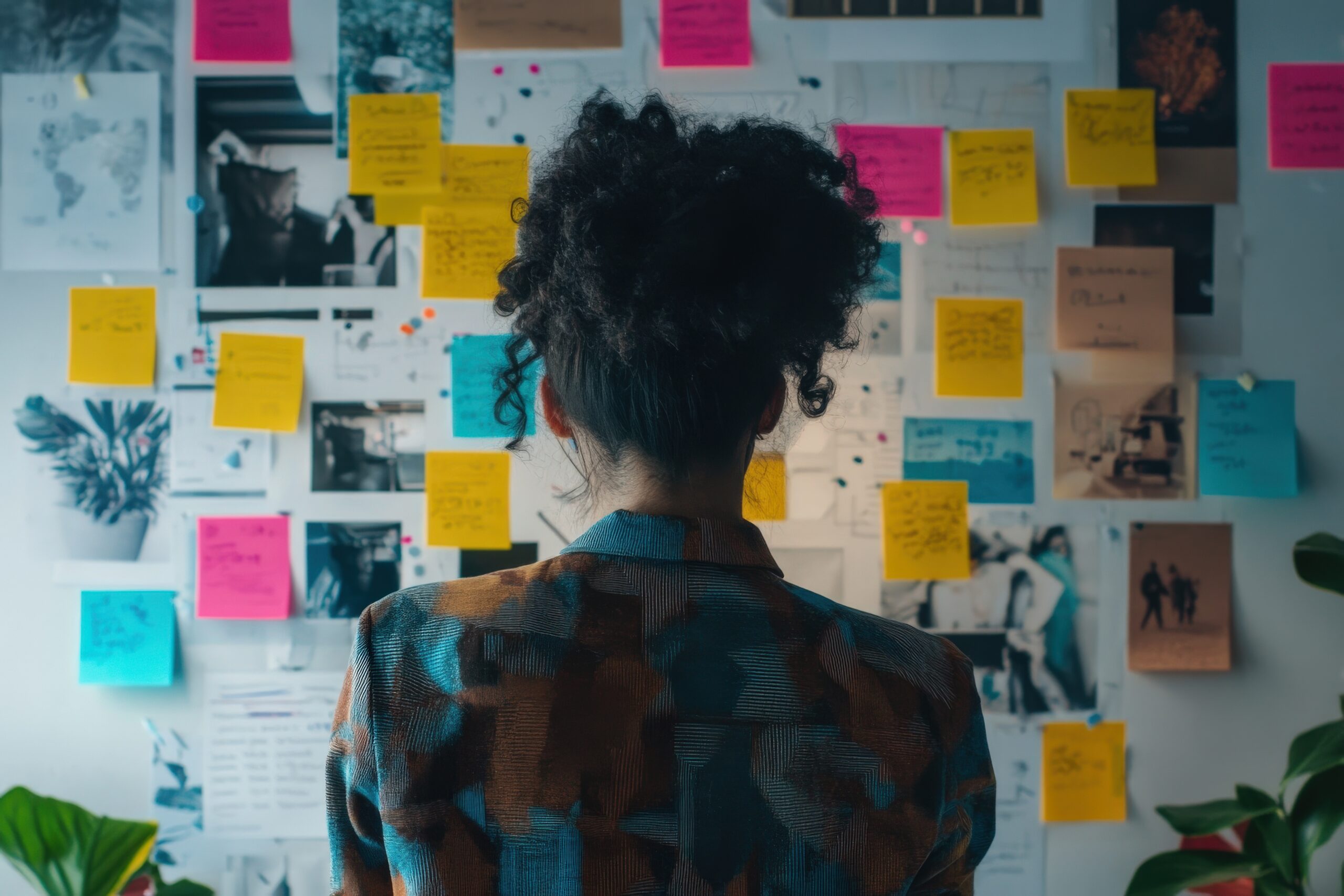 A content strategist planning a LinkedIn B2B marketing campaign, outlining lead generation strategies, creative mood board with sticky notes and digital analytics