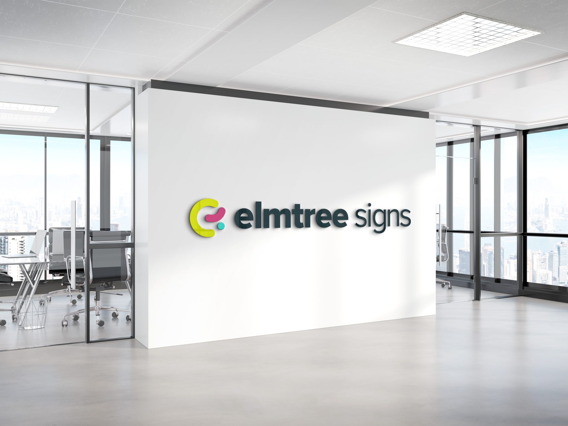 elmtree signs logo featuring on an office wall mockup